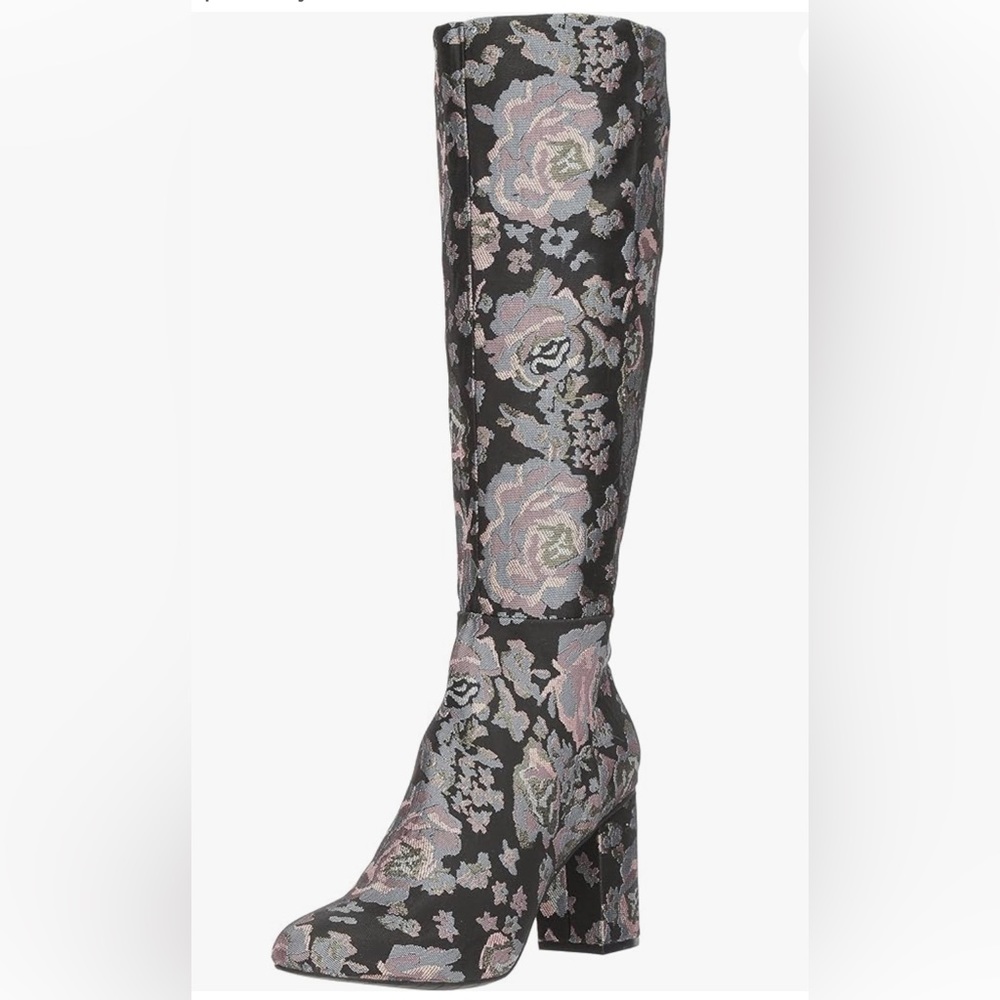 Floral Jacquard Knee-High Block Heel Boots - Black/Pastel